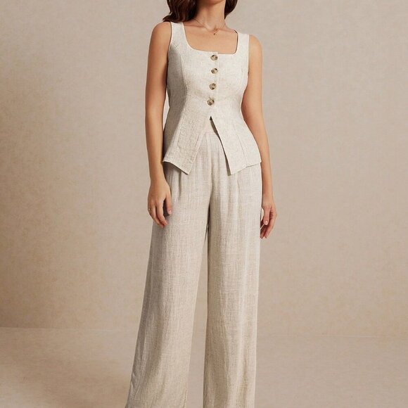 Khaki Casual Women's Summer Linen Color Linen Suit Vest Two-Piece Set - Picture 3 of 7